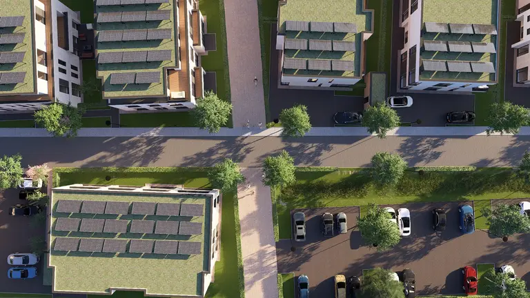 Visualisierung: Luftbild der Häuser mit Solardächern