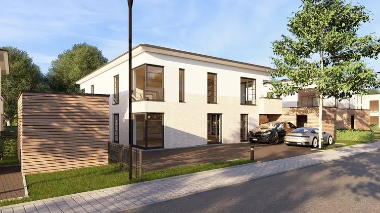 Visualisierung: modernes Mehrfamilienhaus mit Holzwand