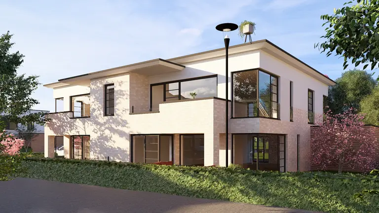 Visualisierung: modernes Mehrfamilienhaus mit großen Fenstern